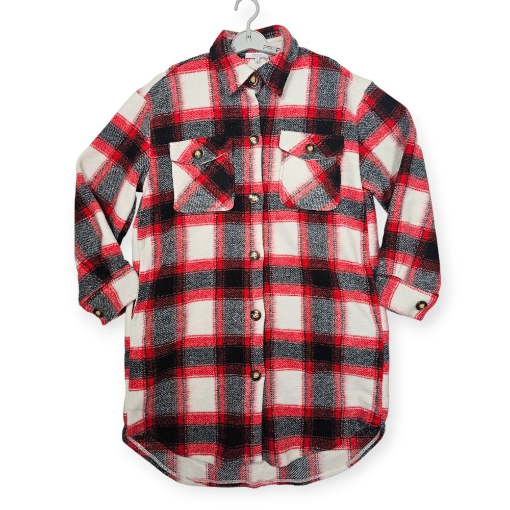 Veveret Plaid Button Down Shacket Women's Small Red Black Buffalo Check